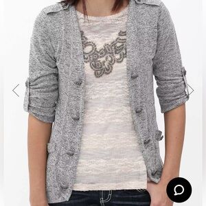 Daytrip  lightweight gray heathered with black lace back cardigan